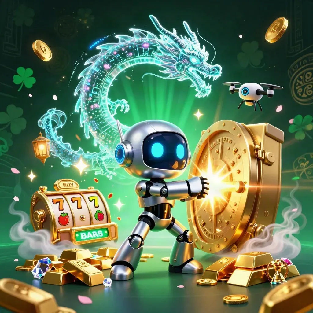Cyberpunk robot, holographic dragon, and coin drone burst from a golden vault in neon casino glow.