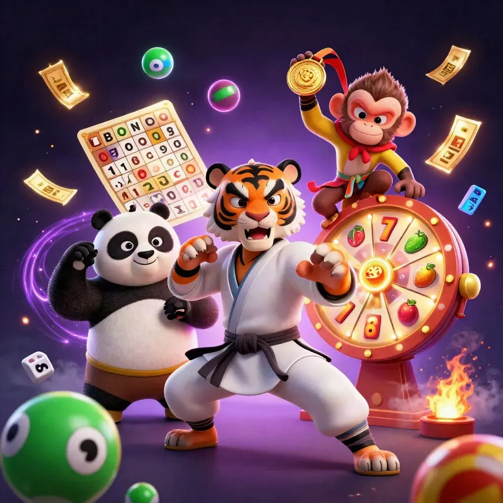 Kung-fu tiger, panda, and monkey amid casino symbols, glowing reels, and gold sparks.