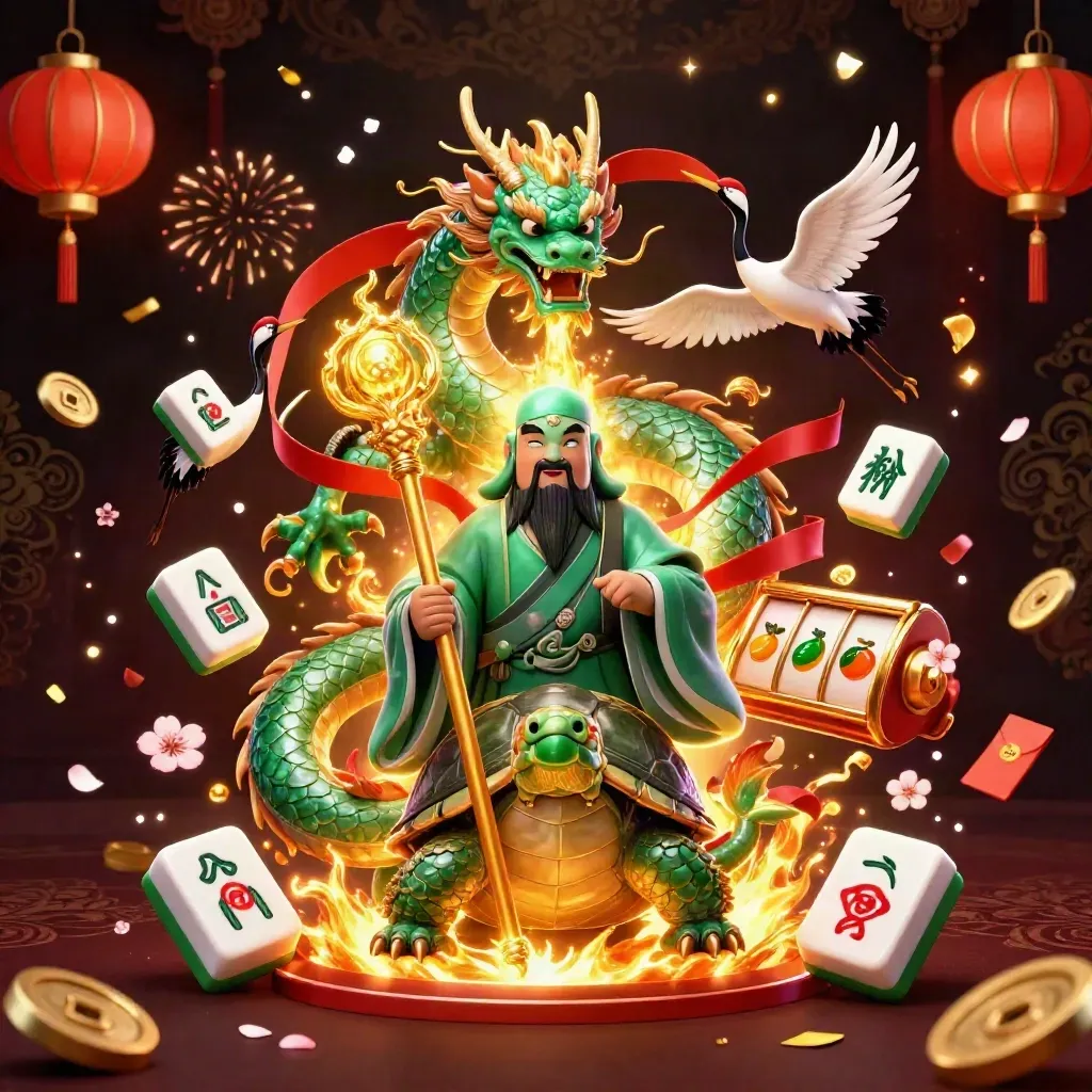Emerald dragon, turtle sage, and cranes amid casino treasures, fire, confetti, and gold glow.