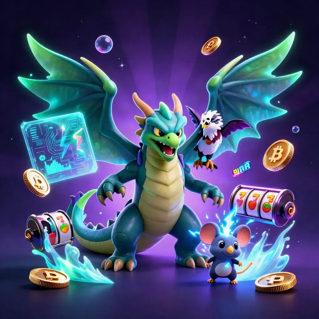 Thunder dragon, hawk, and mouse amid neon coins, reels, lightning, and casino magic