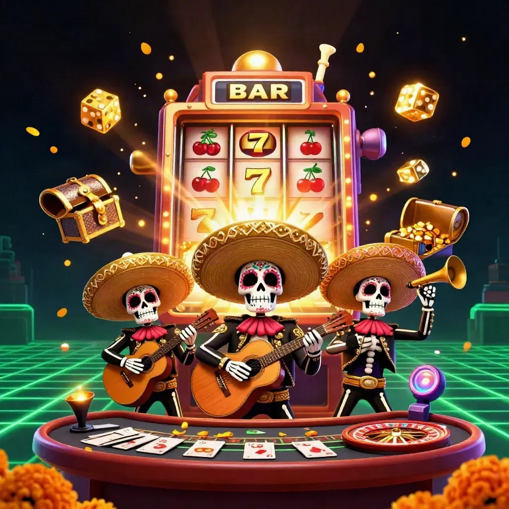 Day-of-the-Dead skeleton mariachi trio amid jackpot slot machine, gold, roulette wheel and casino glow