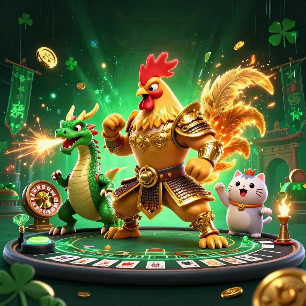 Rooster warrior, dragon hatchling, and fortune-cat amid casino relics, gold coins, and neon sparks.