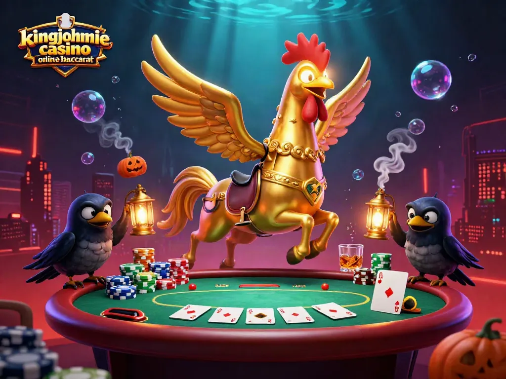 Explore the vibrant scene of kingjohnnie casino online baccarat with a golden rooster in action.