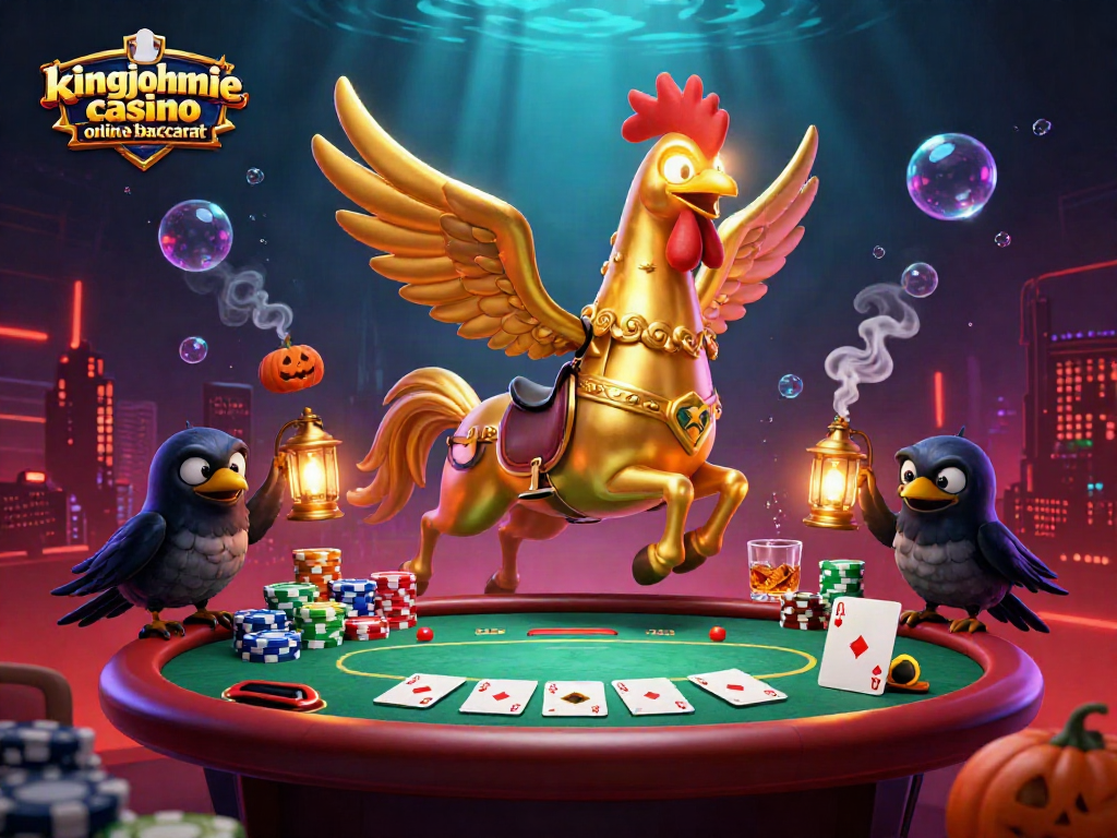 Explore the vibrant scene of kingjohnnie casino online baccarat with a golden rooster in action.