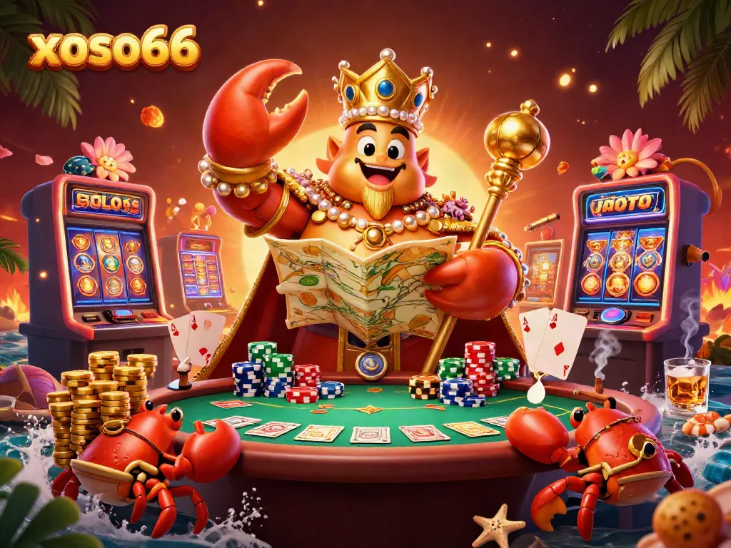 Experience thrilling gameplay at xoso66 with a golden crab emperor surrounded by dazzling casino elements and vibrant colors.