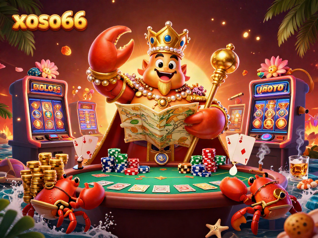Experience thrilling gameplay at xoso66 with a golden crab emperor surrounded by dazzling casino elements and vibrant colors.