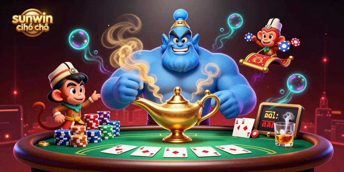 Win big at sunwin chính chủ with a vibrant 3D casino scene featuring a genie, monkey, and poker chips.