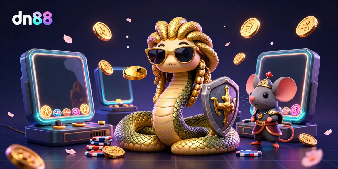 Engage with dn88's vibrant casino atmosphere featuring a friendly Medusa and game elements.