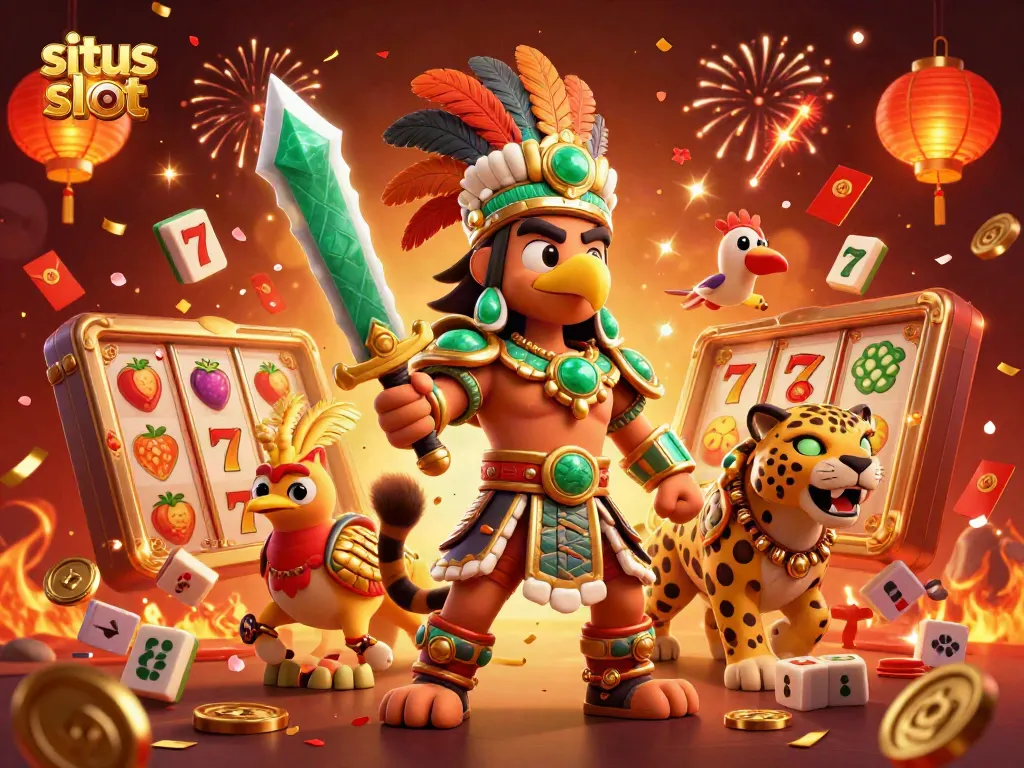 Experience situs slot excitement with vibrant 3D characters and casino elements in a dynamic scene.