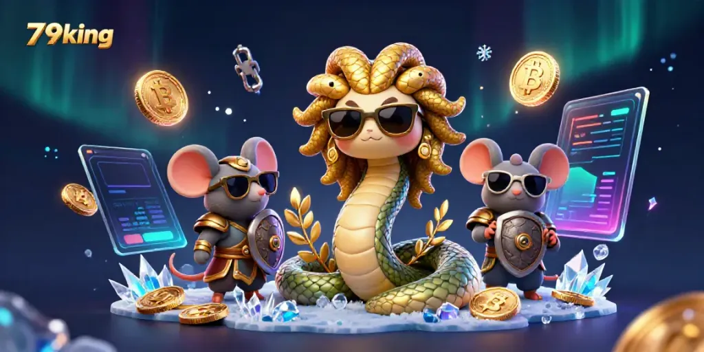Engaging 79king casino scene with Medusa and a mouse, featuring vibrant crypto elements.
