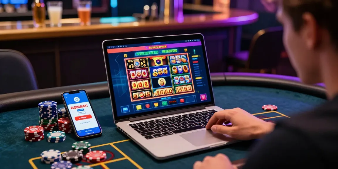 Spieler, der an einem dynamischen Paysafe Card Casino-Erlebnis mit lebhaften Spielen und Bonusbenachrichtigungen teilnimmt.