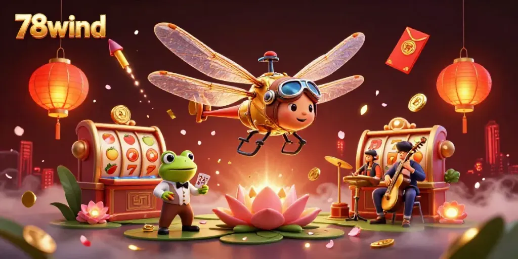 Play and win at 78wind casino with dynamic slot reels amidst a lively scene of gaming and music.