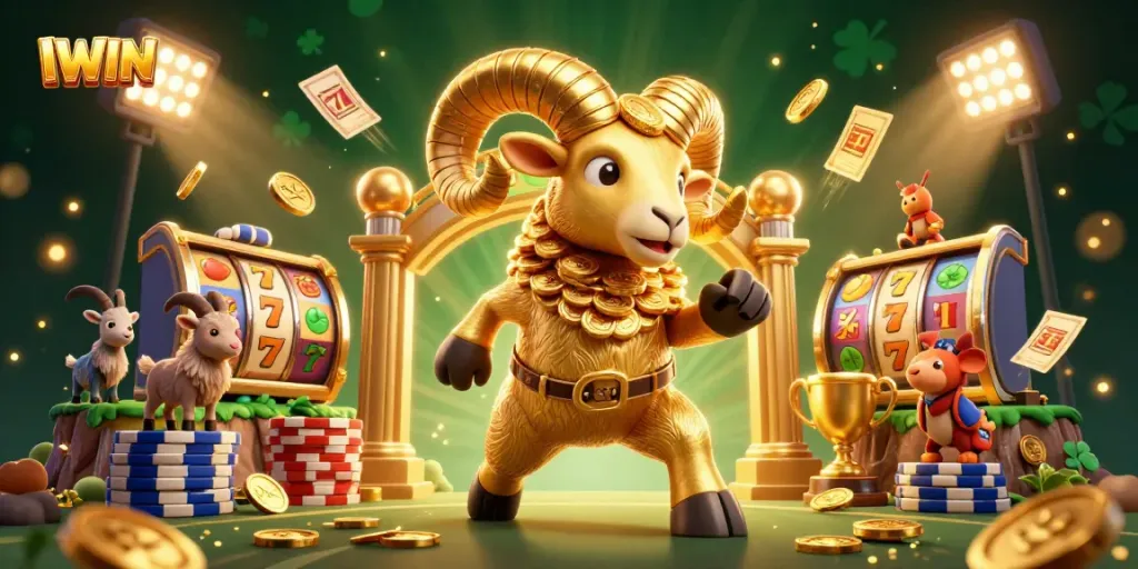 Join the IWIN excitement with a golden ram charging through casino reels and cash elements.