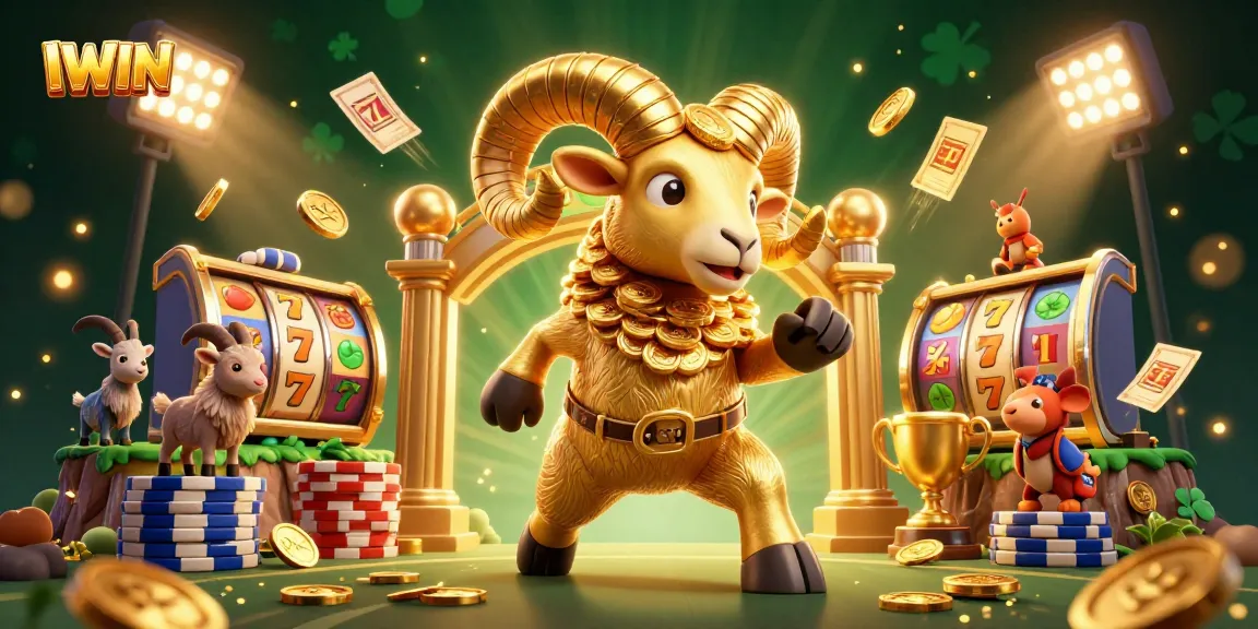 Join the IWIN excitement with a golden ram charging through casino reels and cash elements.