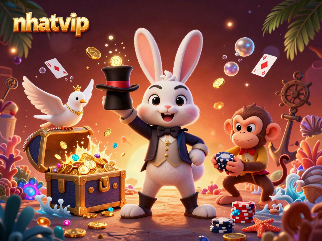Experience the thrill of nhatvip with a 3D magician rabbit, coins, and gaming action.