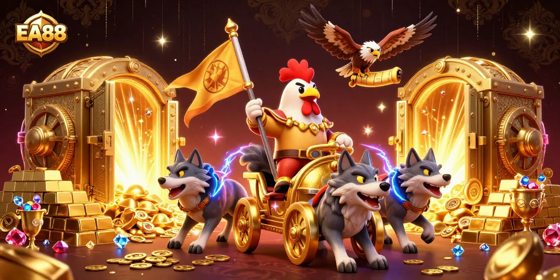 Experience EA88's exciting world with a rooster warlord leading gold-rich treasures in a dynamic casino illustration.
