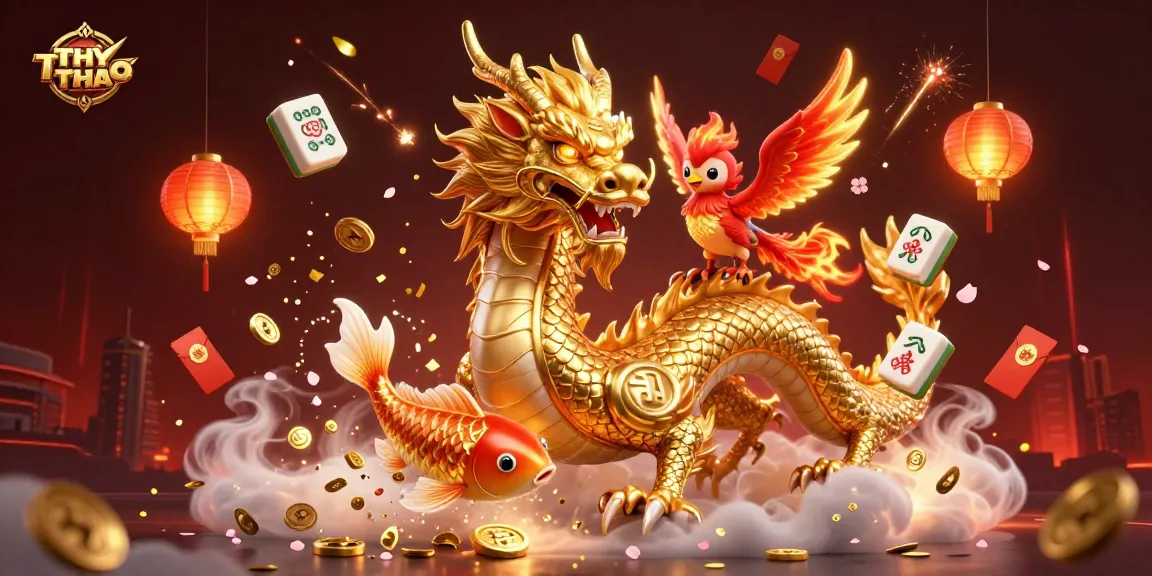 THỂ THAO-themed illustration depicting a dragon, phoenix, and koi fish in a vibrant casino scene.
