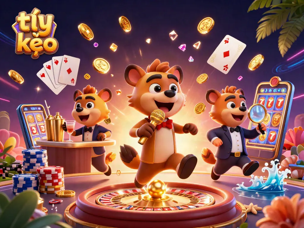 Engage with tỷ lệ kèo at a colorful comedy casino scene with hyenas performing and gaming elements.