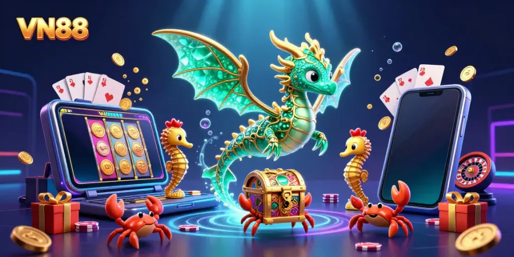Experience the excitement of VN88 with an emerald sea dragon and colorful slot games amidst an ocean backdrop.