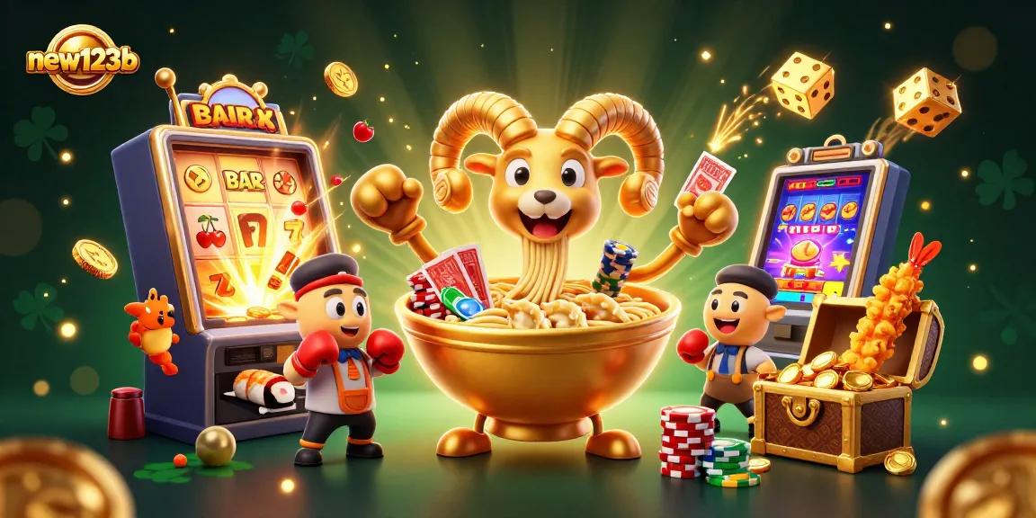 Win with new123b at the exciting casino showdown featuring vibrant characters and jackpots.