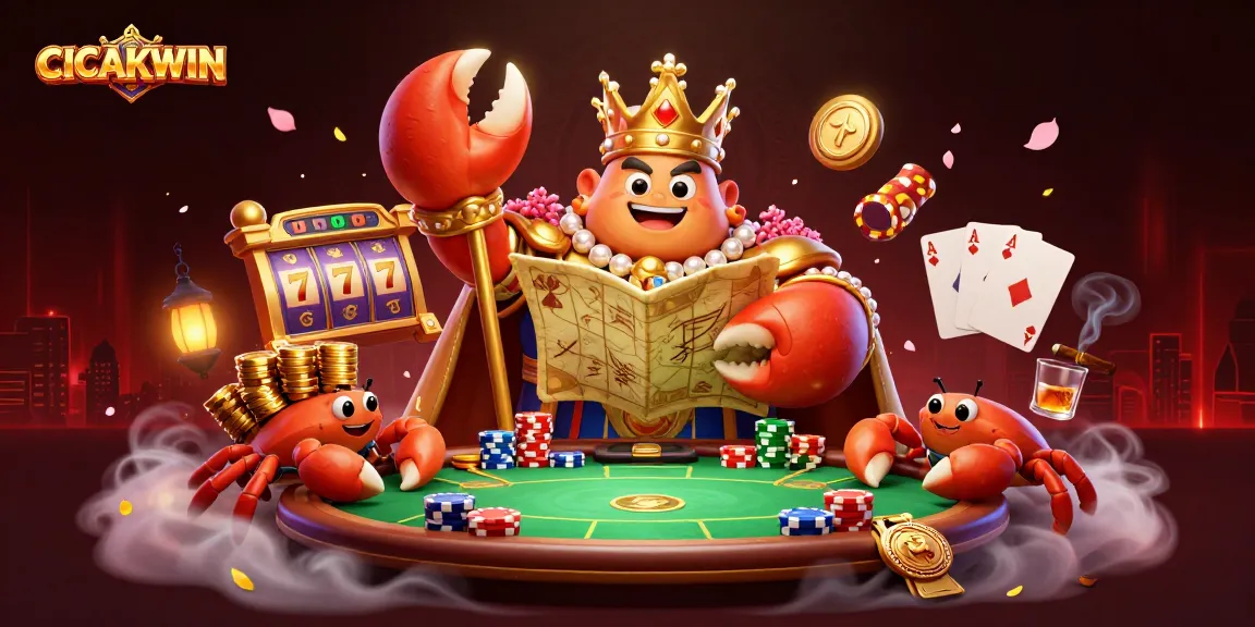 CICAKWIN presents a dynamic 3D scene with a golden crab emperor amidst slot reels and poker elements.