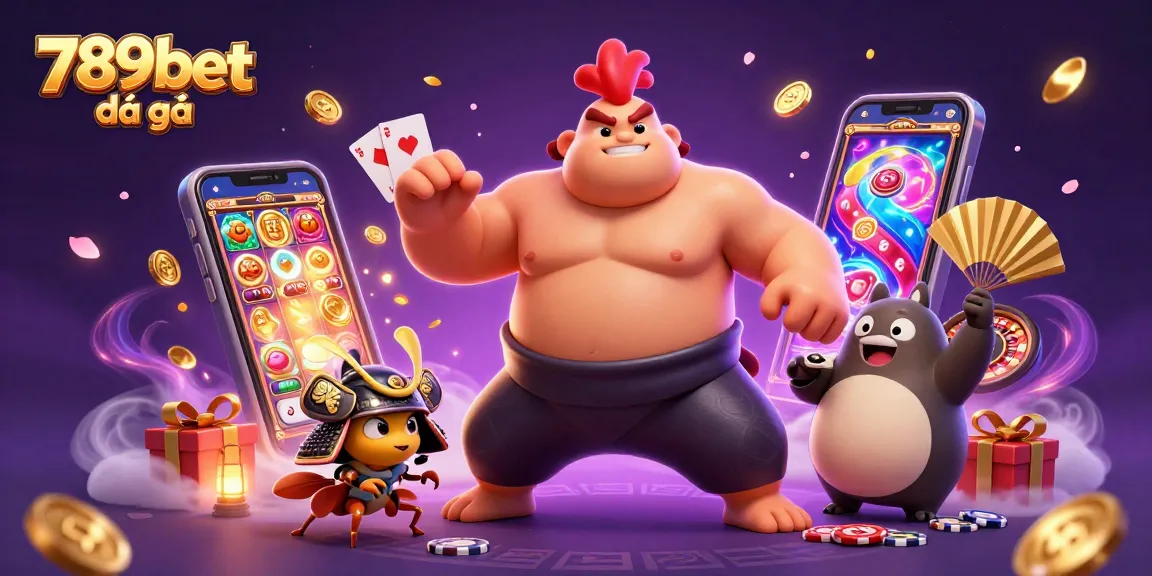 Experience the excitement of 789bet đá gà with a fierce sumo rooster stomping in a vibrant 3D casino scene.
