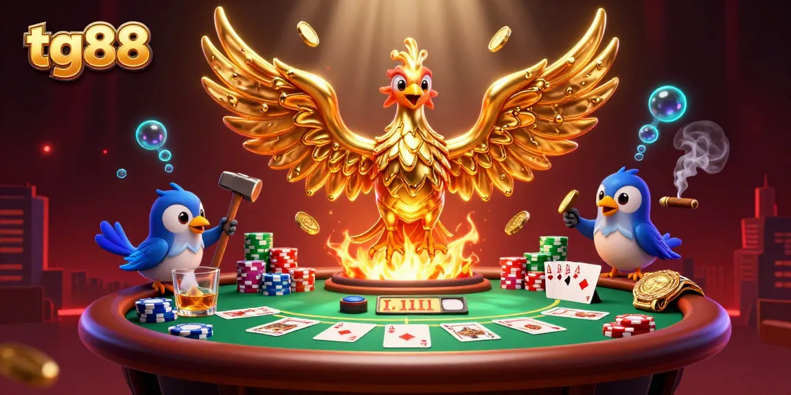 Engage with tg88's thrilling poker scene featuring a molten phoenix and vibrant gaming elements.