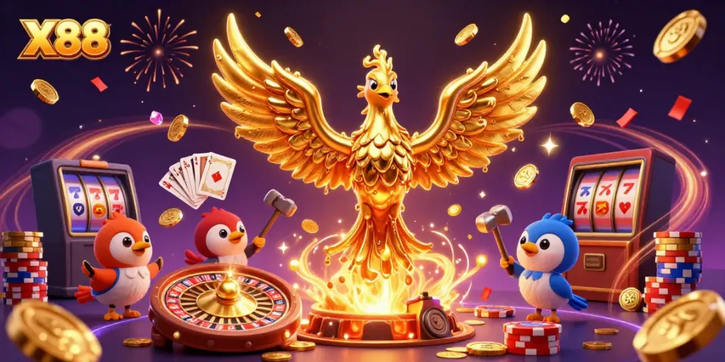 X88 brings luck with a golden phoenix and casino elements, thriving in a vibrant gaming atmosphere.