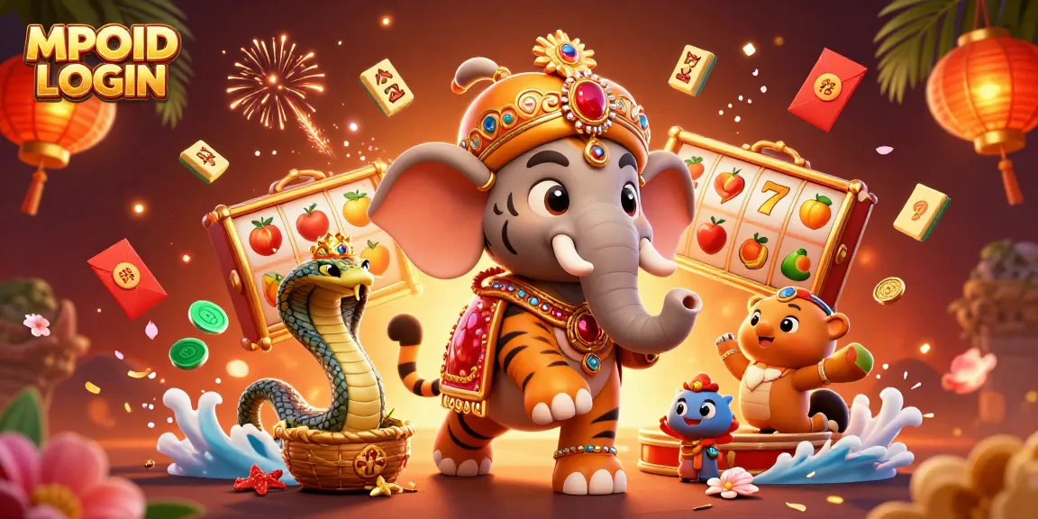 MPOID LOGIN experience with vibrant slot reels, lucky 7s, and a majestic elephant on a dynamic casino scene.