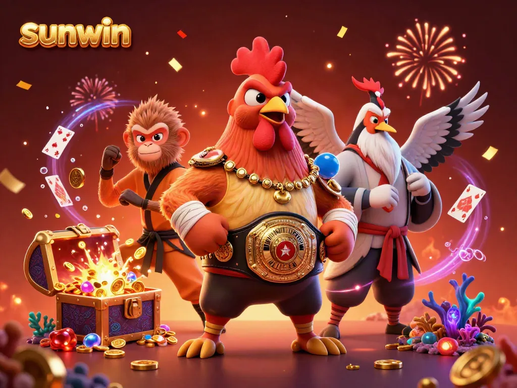 Sunwin showcases a dynamic casino scene featuring a Muay Thai rooster, a Shaolin monkey, and a wise crane master with vibrant treasures.