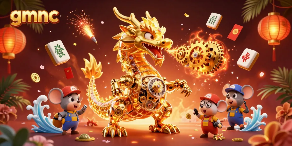 Experience the thrilling world of gmnc as a golden dragon breathes gears and cogs surrounded by festive casino elements.