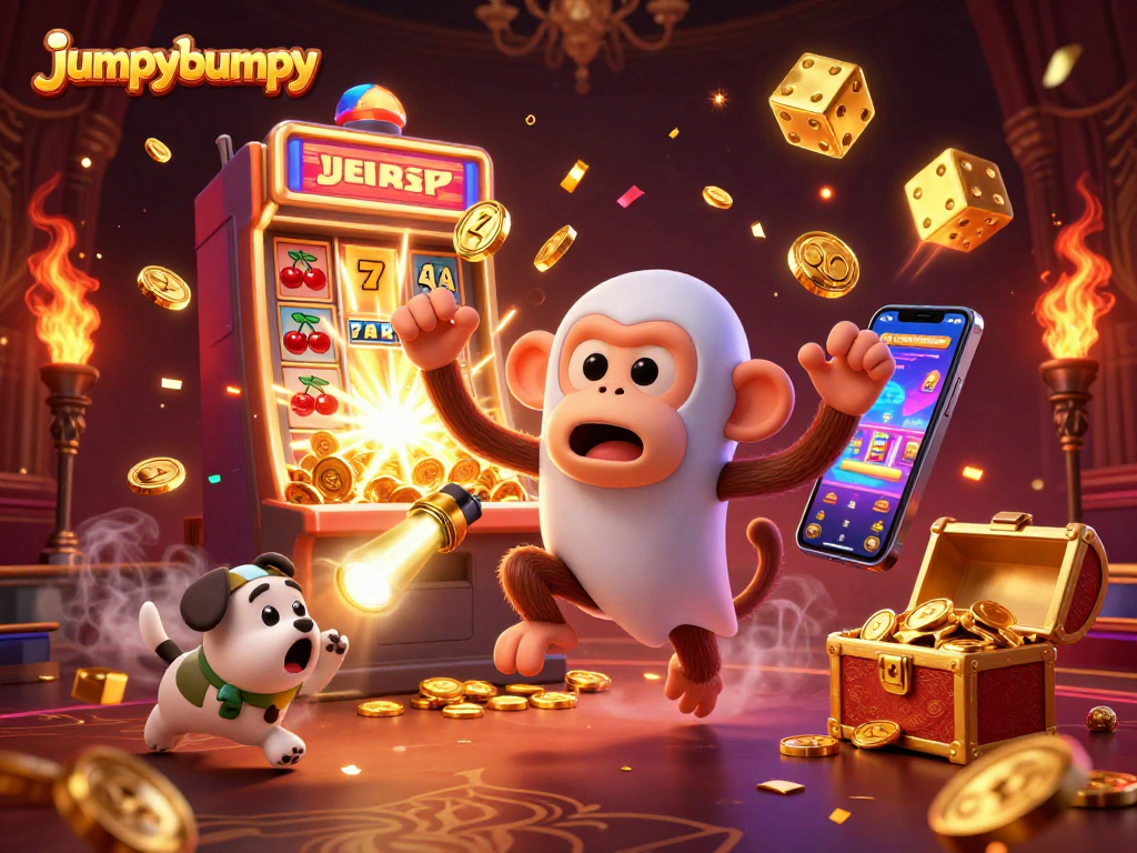 Engage with jumpybumpy's vibrant casino atmosphere featuring a playful poltergeist monkey juggling golden coins.