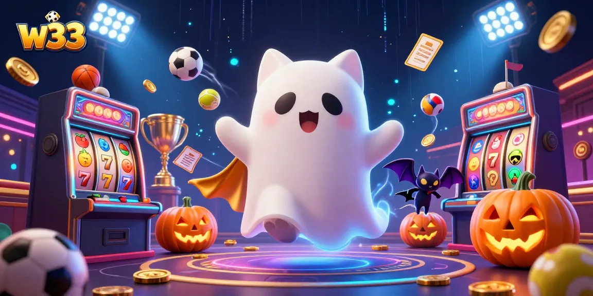 Experience w33's vibrant casino atmosphere with a ghost cat, vampire bat, and playful game elements.