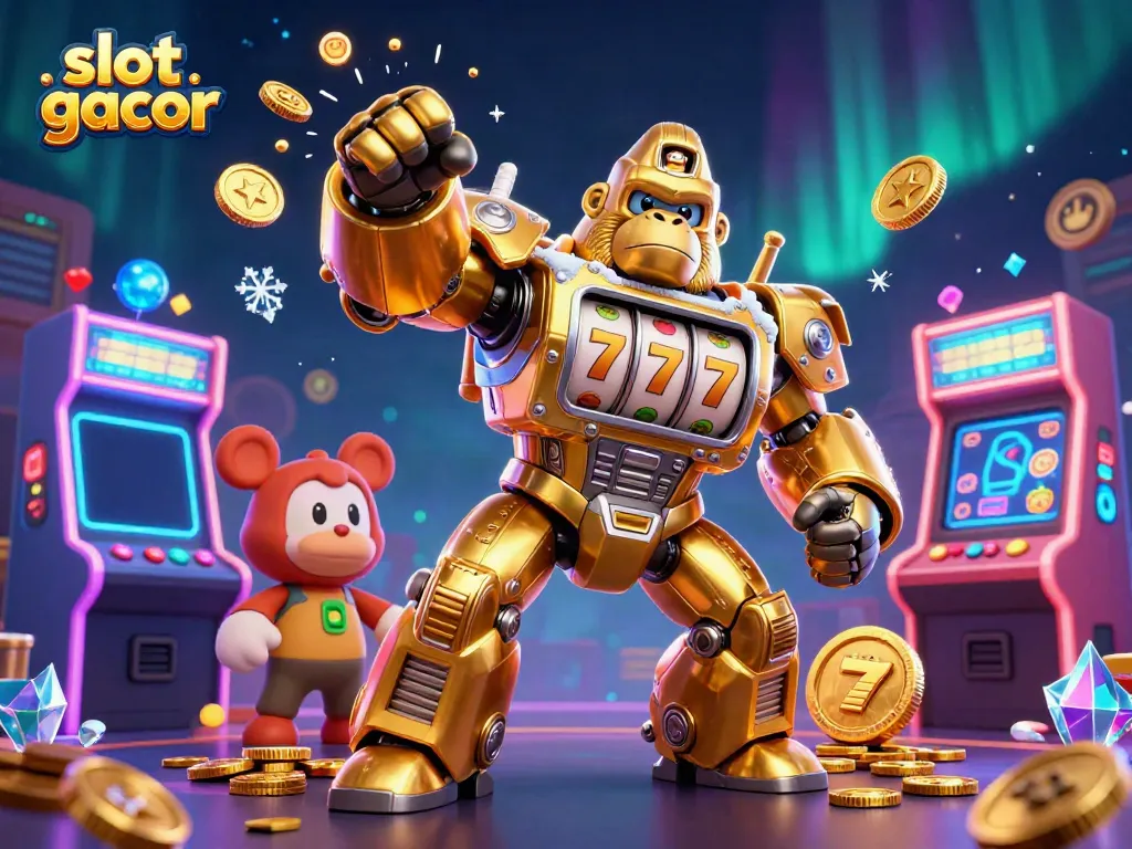 Experience the thrilling action of slot gacor with a golden gorilla mech, dynamic game elements, and vibrant arcade themes.