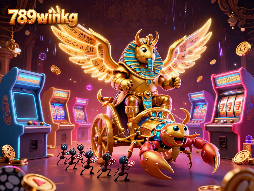 Engage in the vibrant gaming world of 789winkg, featuring a 3D scarab beetle chariot surrounded by casino elements.