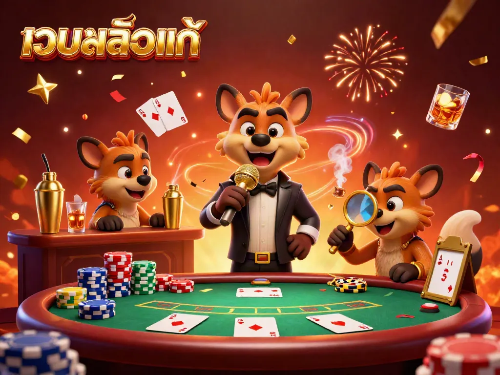 Engaging comedy casino scene featuring hyenas in a vibrant atmosphere with เว็บสล็อตแท้ branding.