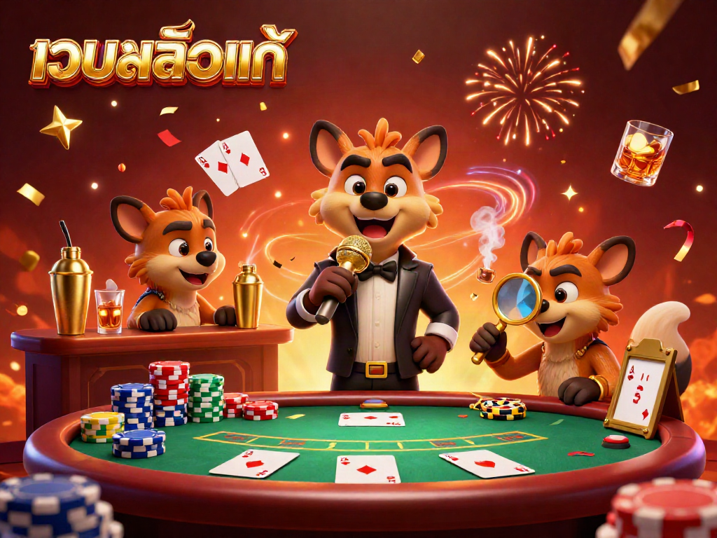 Engaging comedy casino scene featuring hyenas in a vibrant atmosphere with เว็บสล็อตแท้ branding.