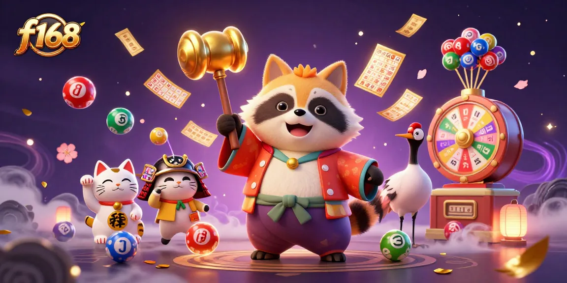 Join the fun at f168 with colorful lottery elements and cheerful characters in a dynamic casino scene!