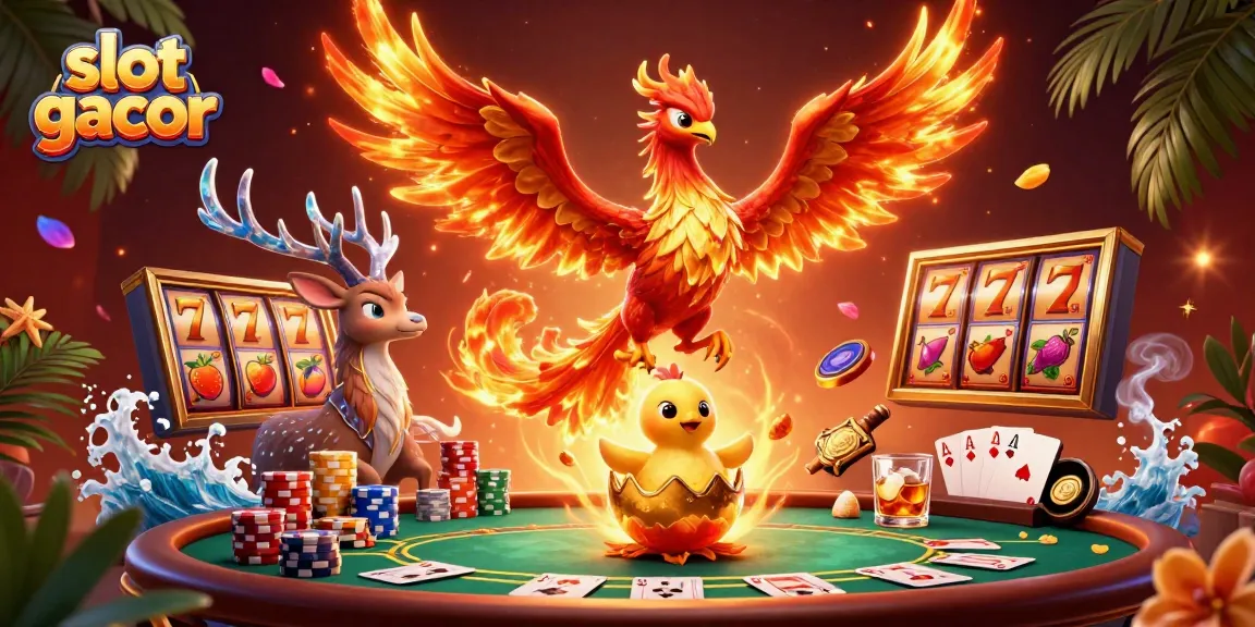 Engage with slot gacor in this vibrant scene featuring a fire phoenix, baby phoenix, and mystical stag