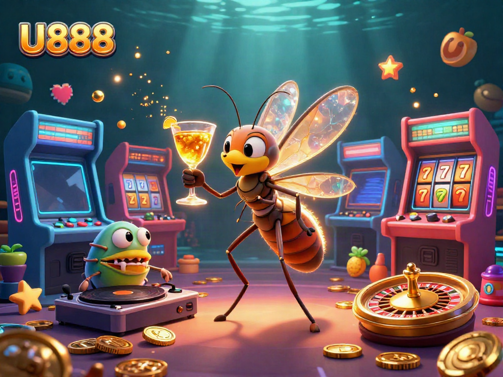 Engage with exciting casino games at U888, featuring vibrant slot elements and captivating characters.