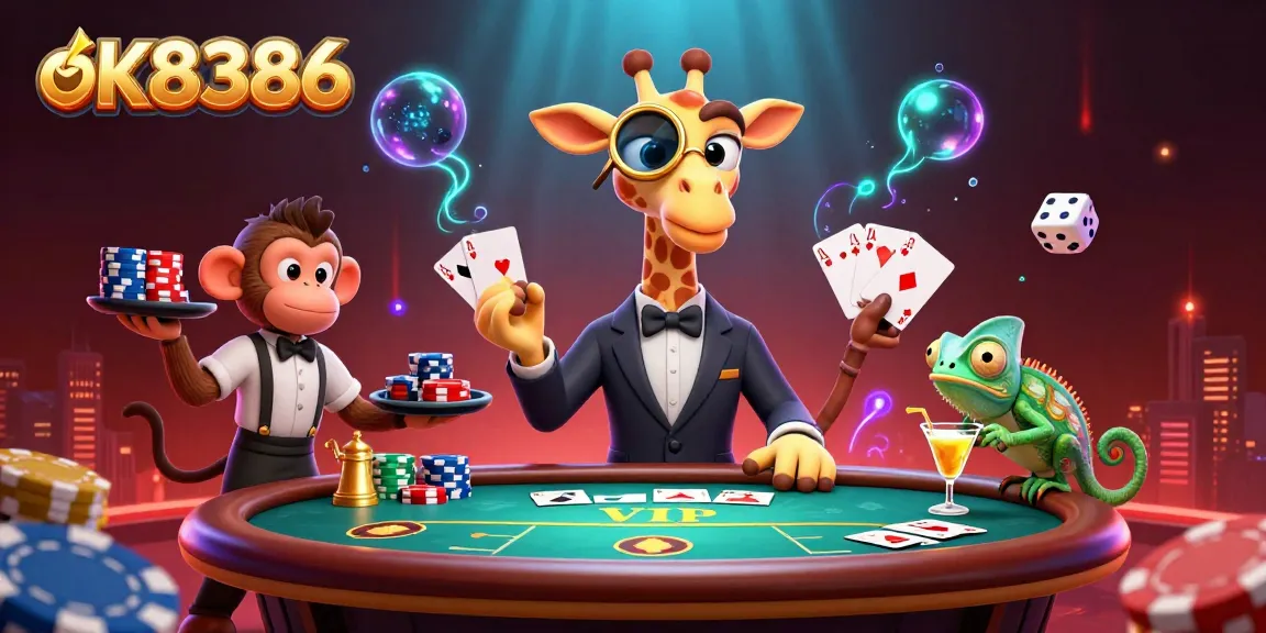Experience ok8386 poker thrills with vibrant characters and dynamic winning hands in this captivating illustration.