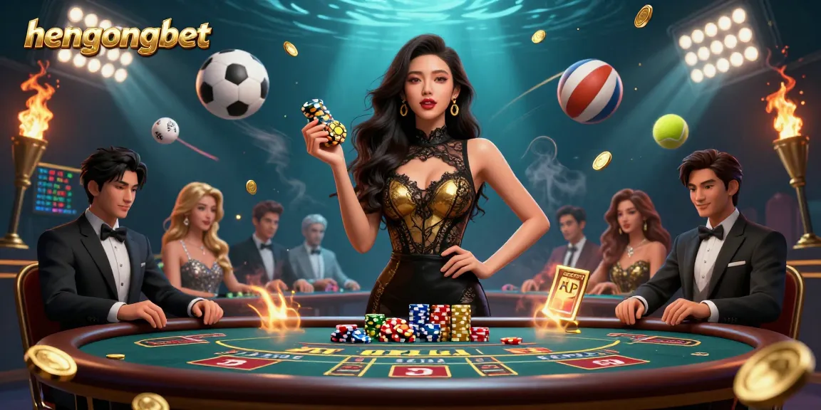 Experience high-stakes gaming at hengongbet with a baccarat table and dynamic sports elements.