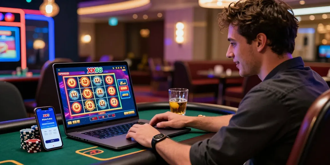 Player engaging with the Rr8i online gaming platform at a stylish setup, showcasing the excitement of gambling.