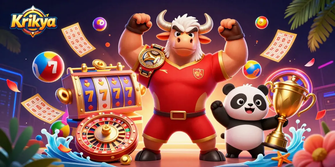 Krikya's lively gaming scene showcases a muscular bull mascot and friends celebrating a big win with colorful casino elements.