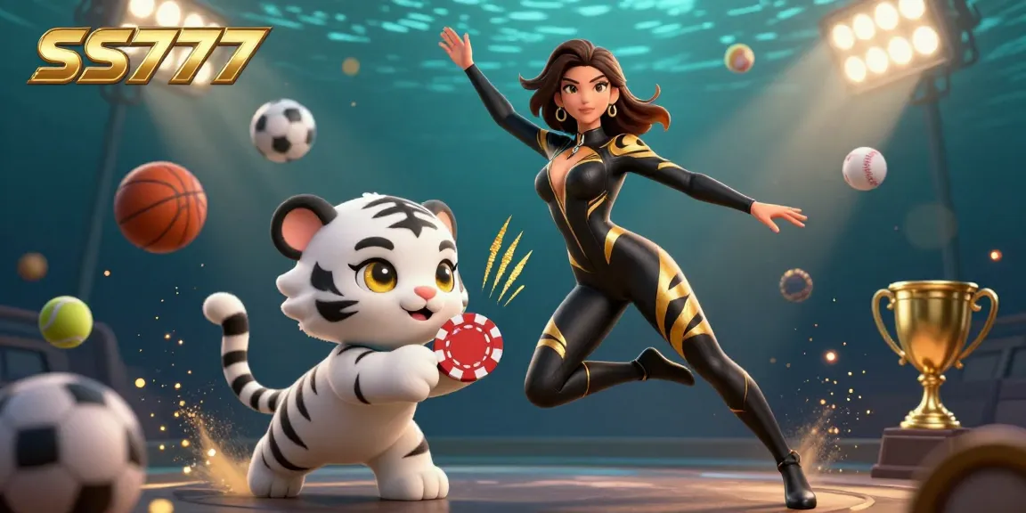 Experience the thrill of SS777 with dynamic gaming action, featuring an acrobatic woman and playful tiger amidst vibrant casino elements.