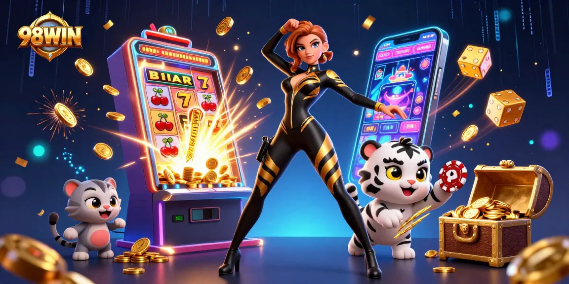 Experience thrilling jackpots at 98WIN with vibrant slot machines and captivating gaming characters.