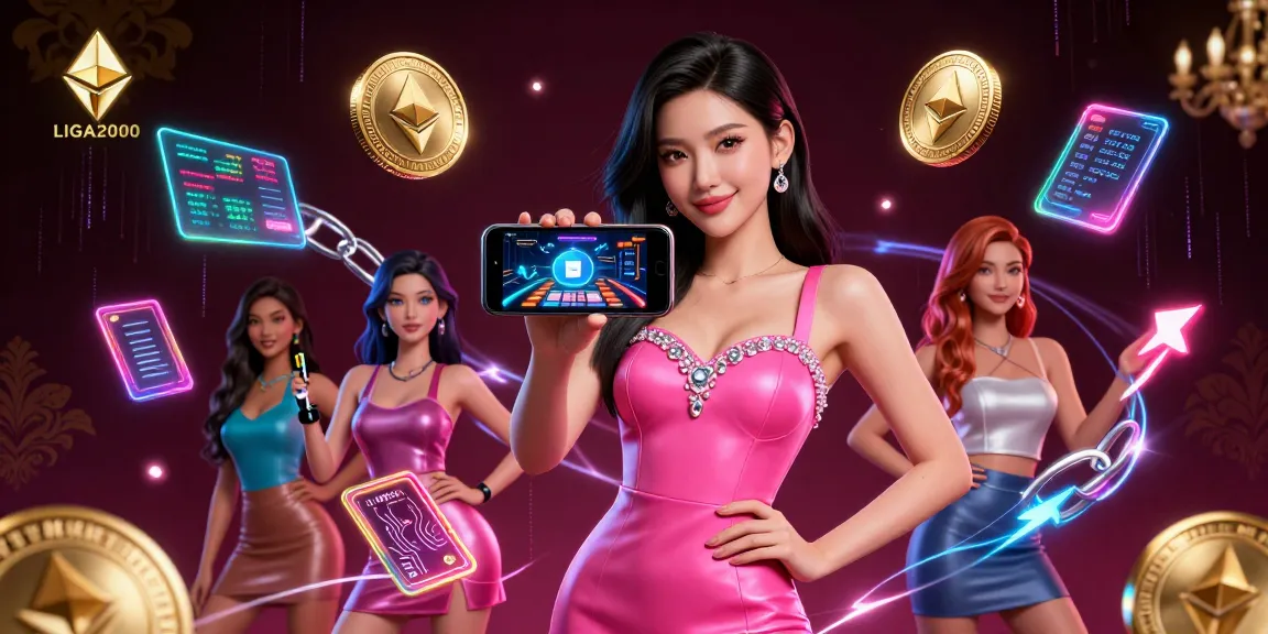 Slot LIGA2000 memicu kegembiraan saat seorang wanita bergaya berinteraksi dengan permainan dealer langsung di smartphone-nya di tengah elemen digital yang vibrant.