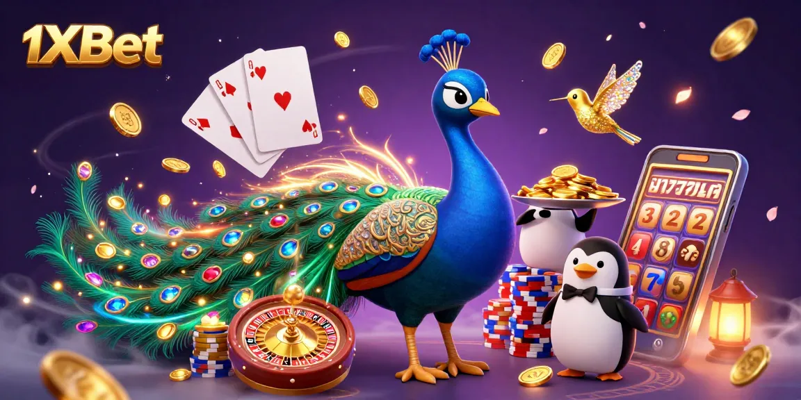 Experience the thrill of 1xBet with a vibrant casino scene featuring a peacock and shimmering slots.