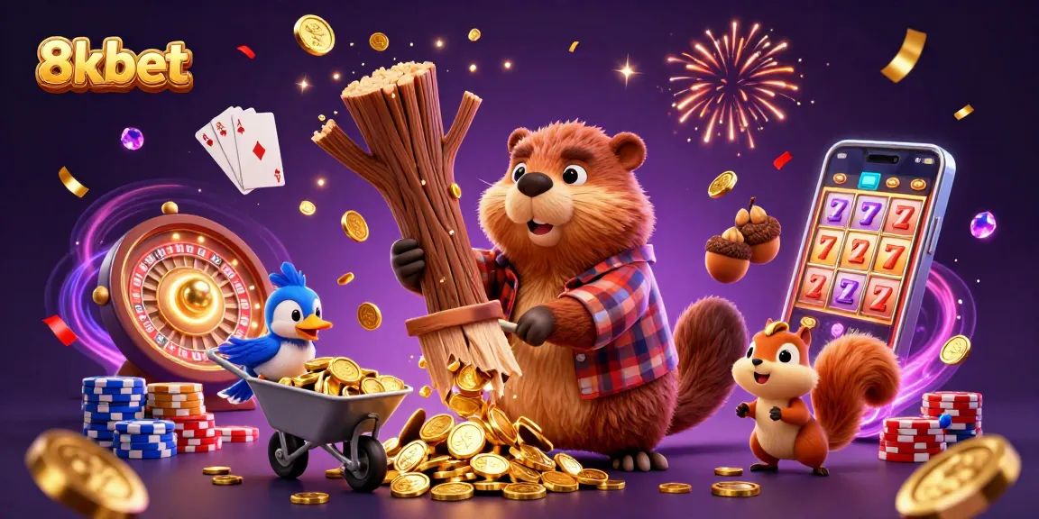 Engage with 8xbet's thrilling casino experience featuring gold coins raining from a lumberjack beaver.
