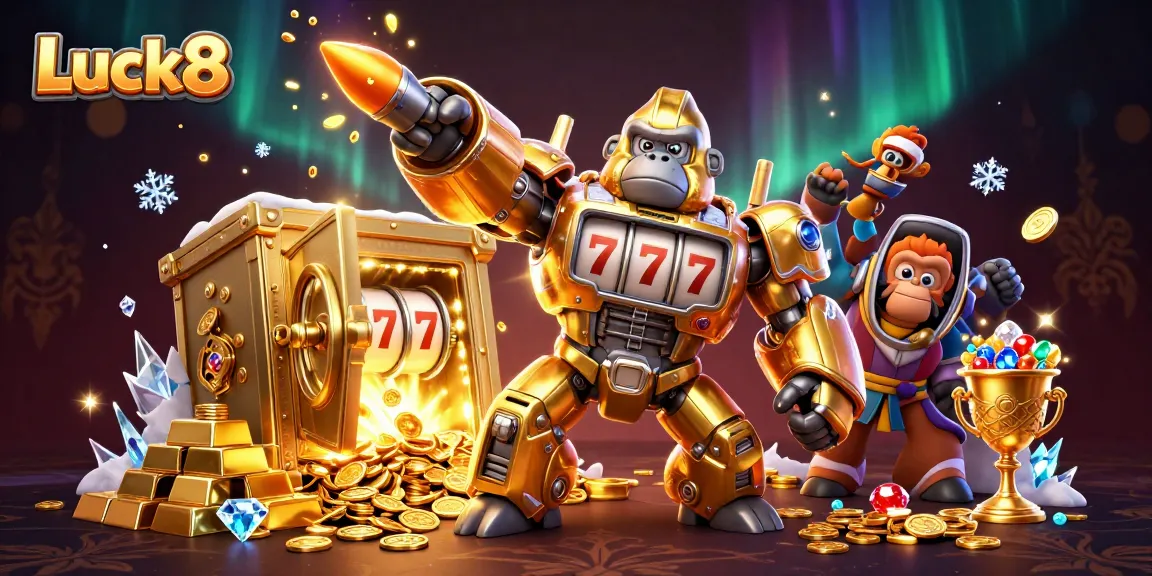 Experience the thrill of Luck8 with dynamic casino elements and a vibrant 3D illustration.